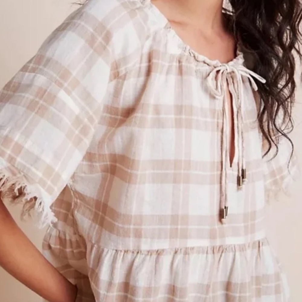 Anthropologie Blouse Plaid Neutral Bette Babydoll Fringe Beige Top Boxy Peplum